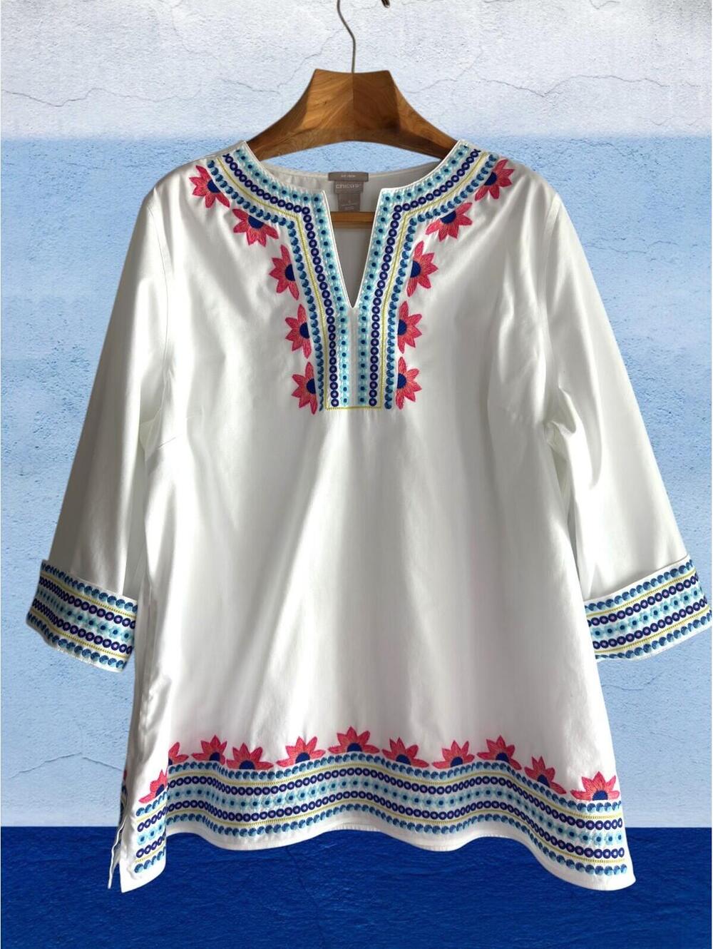 Chico’s 100% Cotton Embroidered Tunic Top Size 4 XXL Boho Artisan Style Pockets